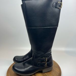 Clarks Black Leather Knee-High Riding Boots with Gold Buckles